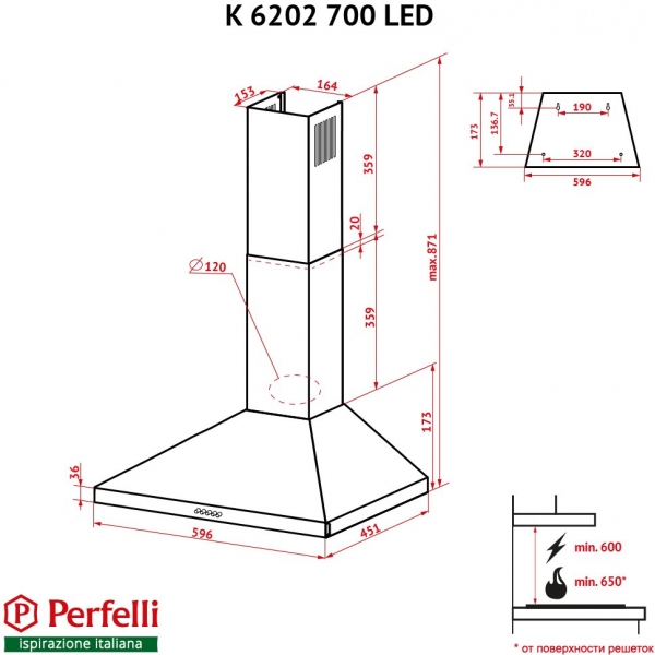 Фото - Витяжка декоративна Perfelli K 6202 RED 700 LED