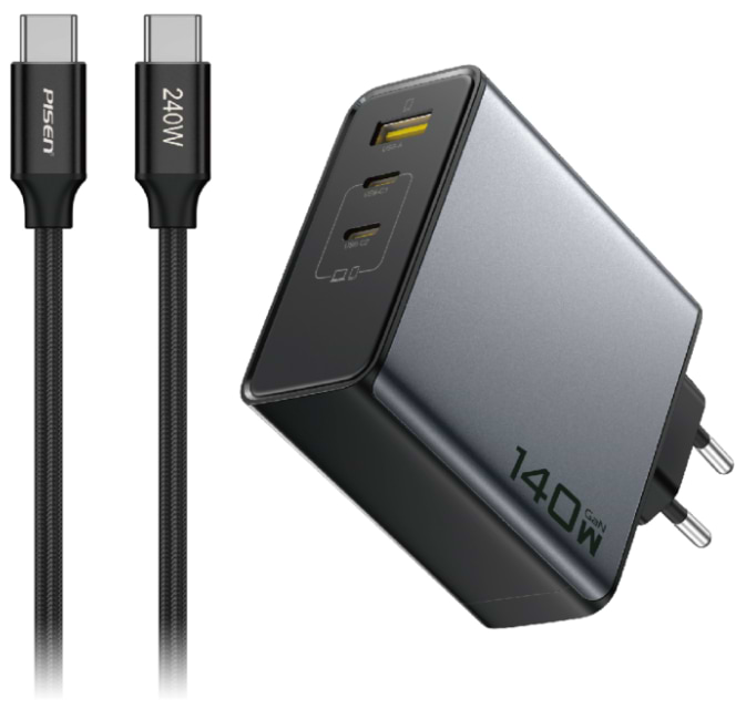 Сетевое зарядное устройство Pisen BOLT Pro 140W 3-Port GaN Fast Charger Set(EU) (TP-C68)