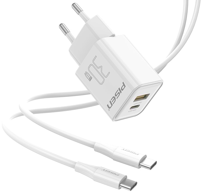 Мережевий зарядний пристрій Pisen Quick GaN USB-C+USB-A 30W Fast Wall Charger(C to L Cable)(EU) (TC-082AC30G_Kit)