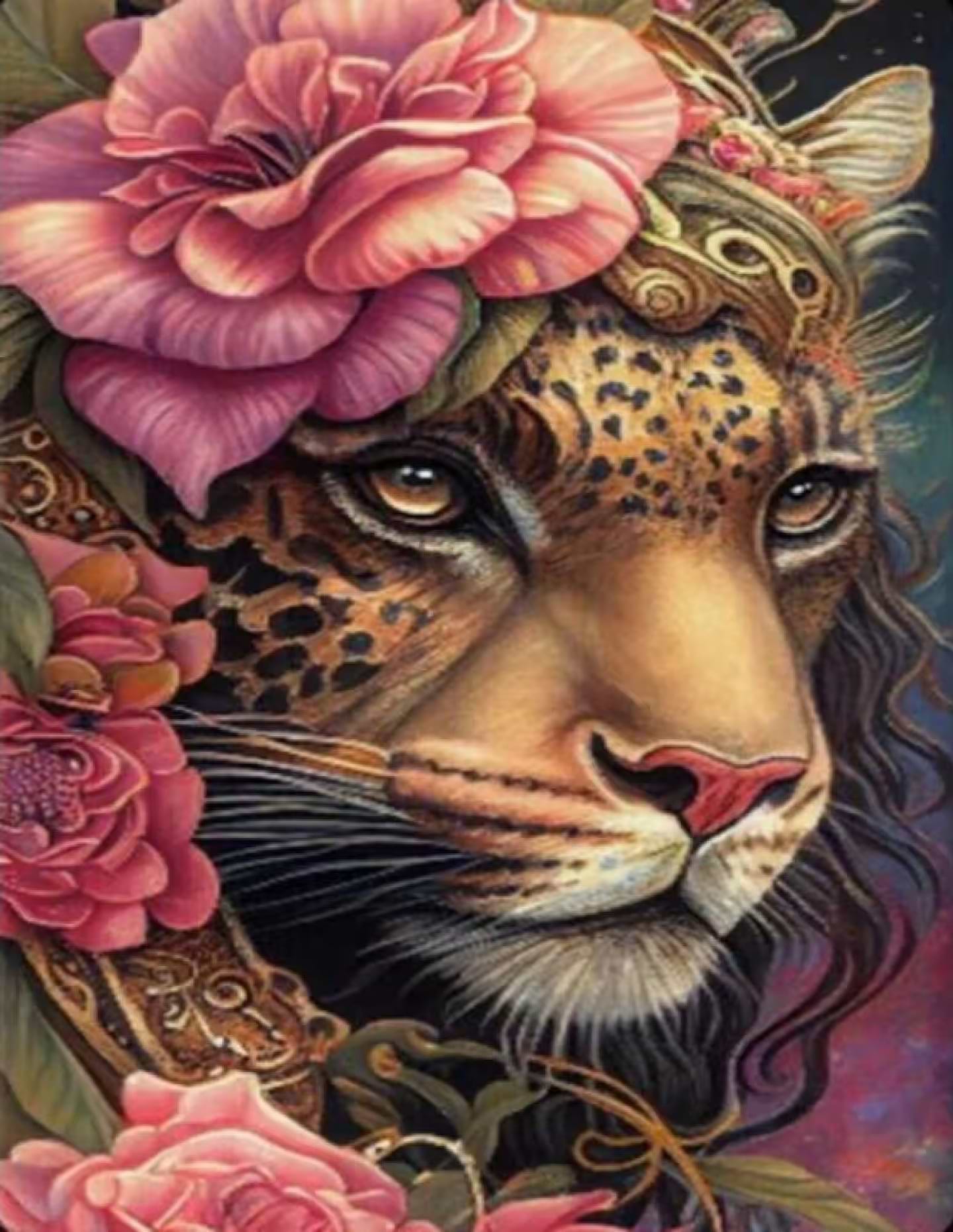 Алмазний живопис Strateg Леопард у яскравих квітах 40х50 см (JSFH85885)