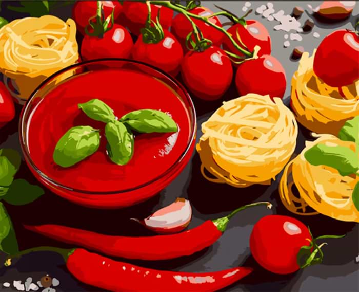 Купити Картина за номерами Strateg Паста з чилі та томатами 40х50 см (MZ073) - Фото 1 Картина за номерами Strateg Паста з чилі та томатами 40х50 см (MZ073) - Фото 1