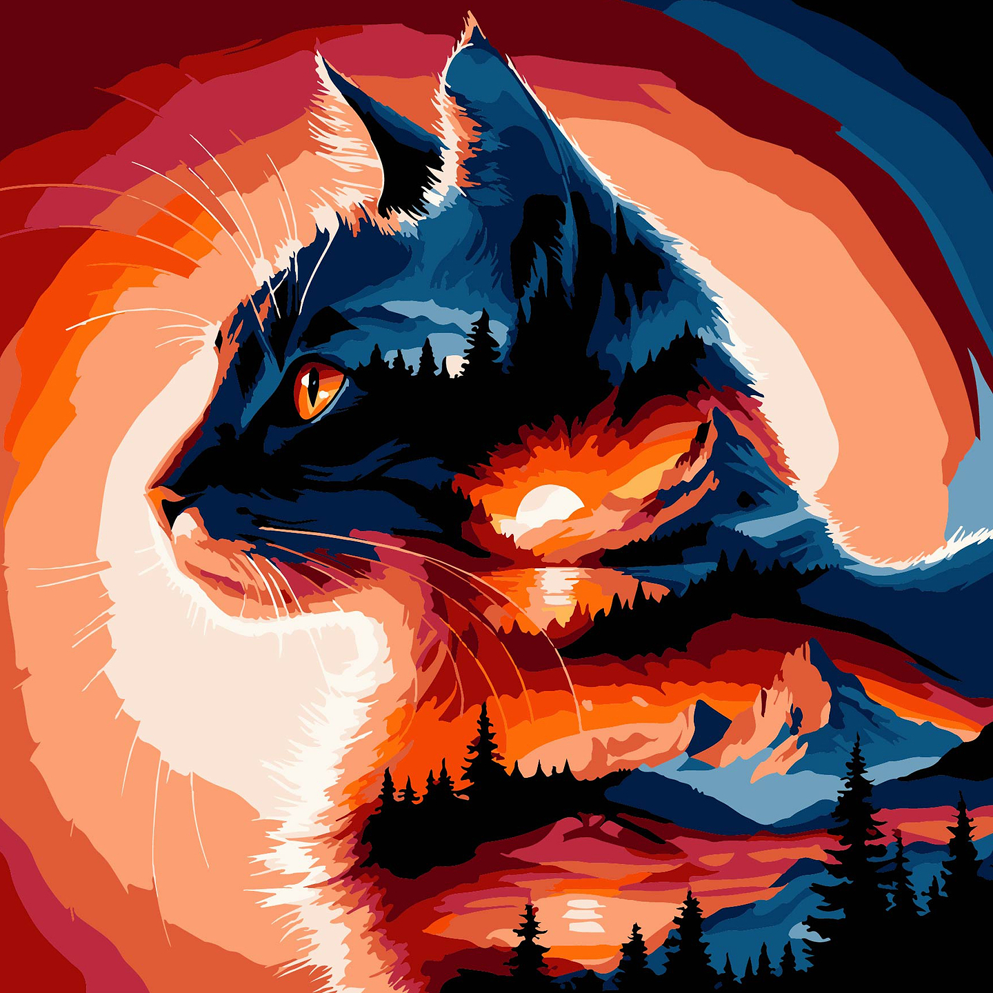 Картина за номерами Strateg Кіт на заході сонця на чорному фоні 30х30 см (SH3030-25)