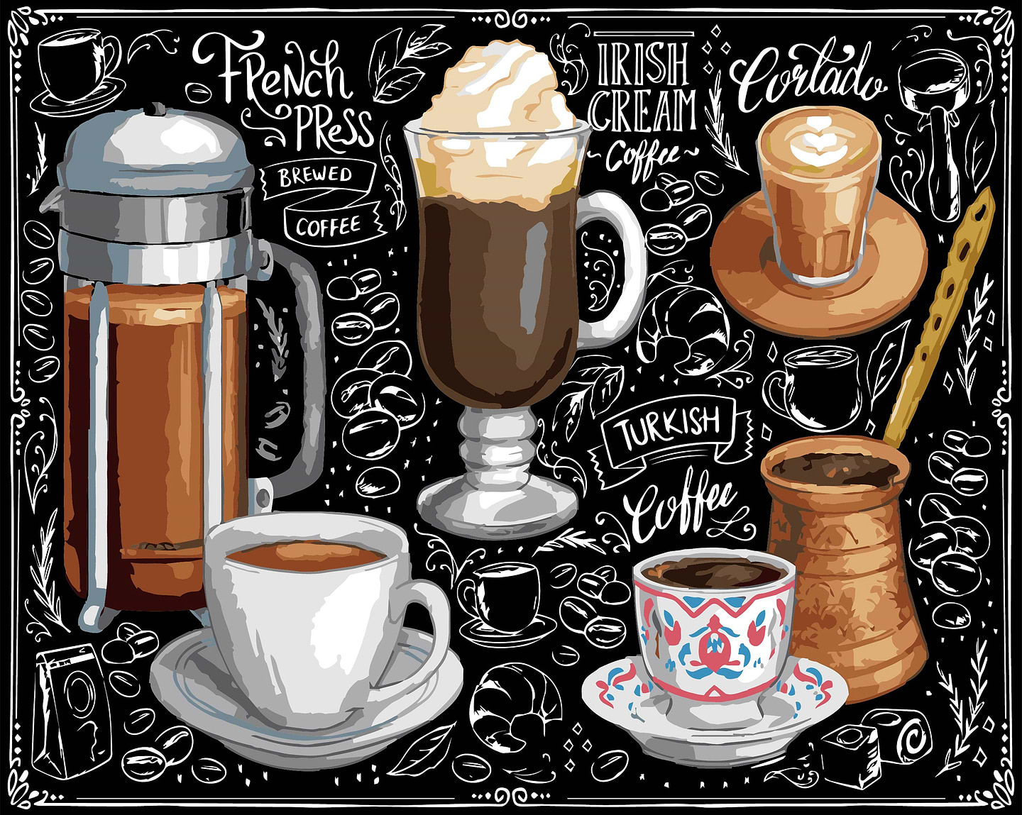 Картина за номерами Strateg Світ кави на чорному фоні 40х50 см (AH1173-19)