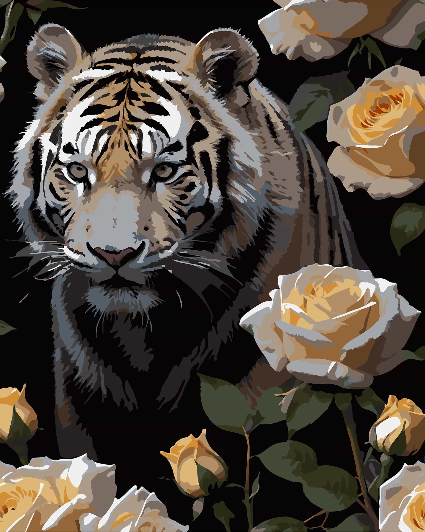 Картина по номерам Strateg Тигр в розах на черном фоне 40х50 см (AH1180-19)