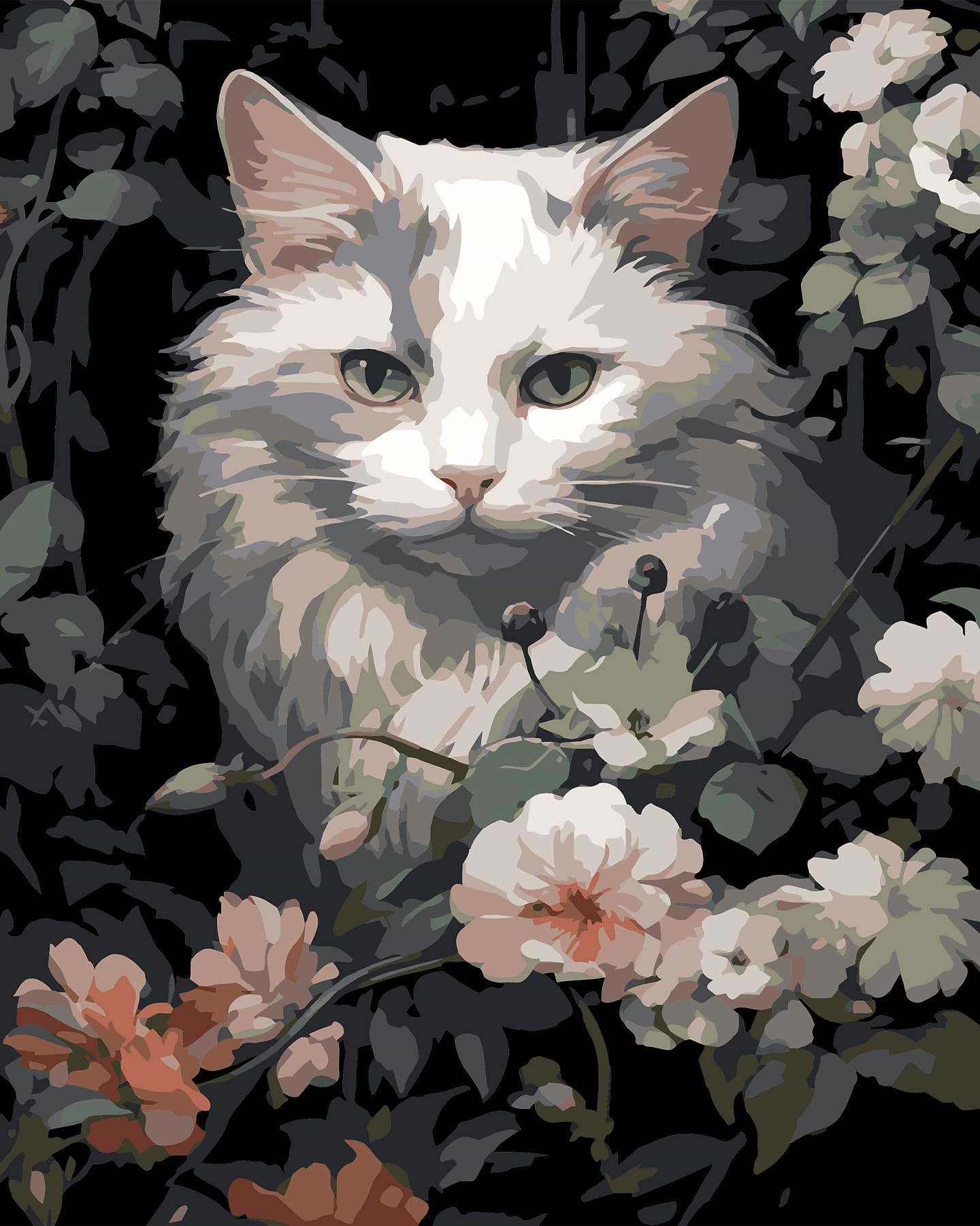 Картина за номерами Strateg Кіт у квітах на чорному фоні 40х50 см (AH1191-17)