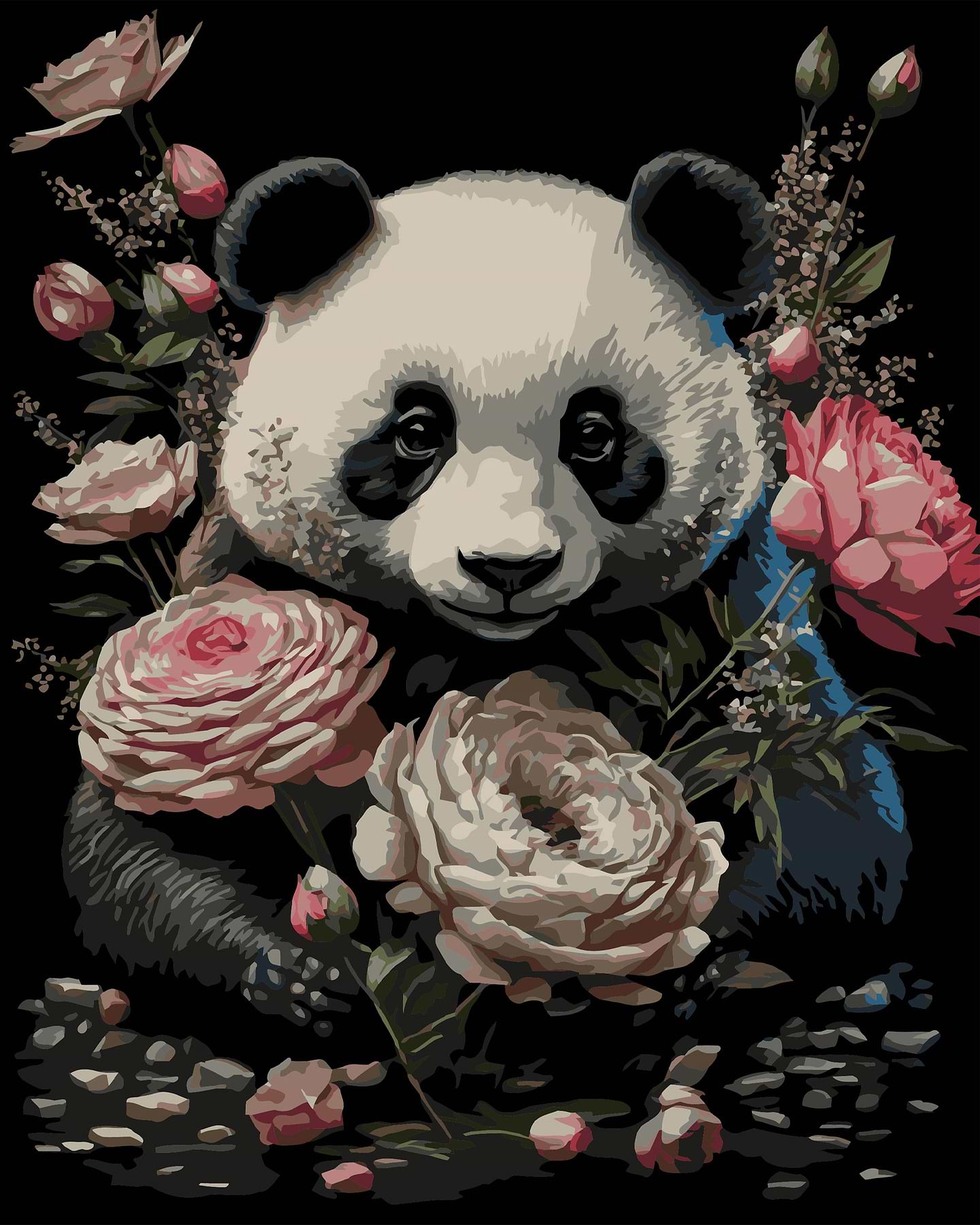 Картина за номерами Strateg Панда з квітами на чорному фоні 40х50 см (AH1200-19)