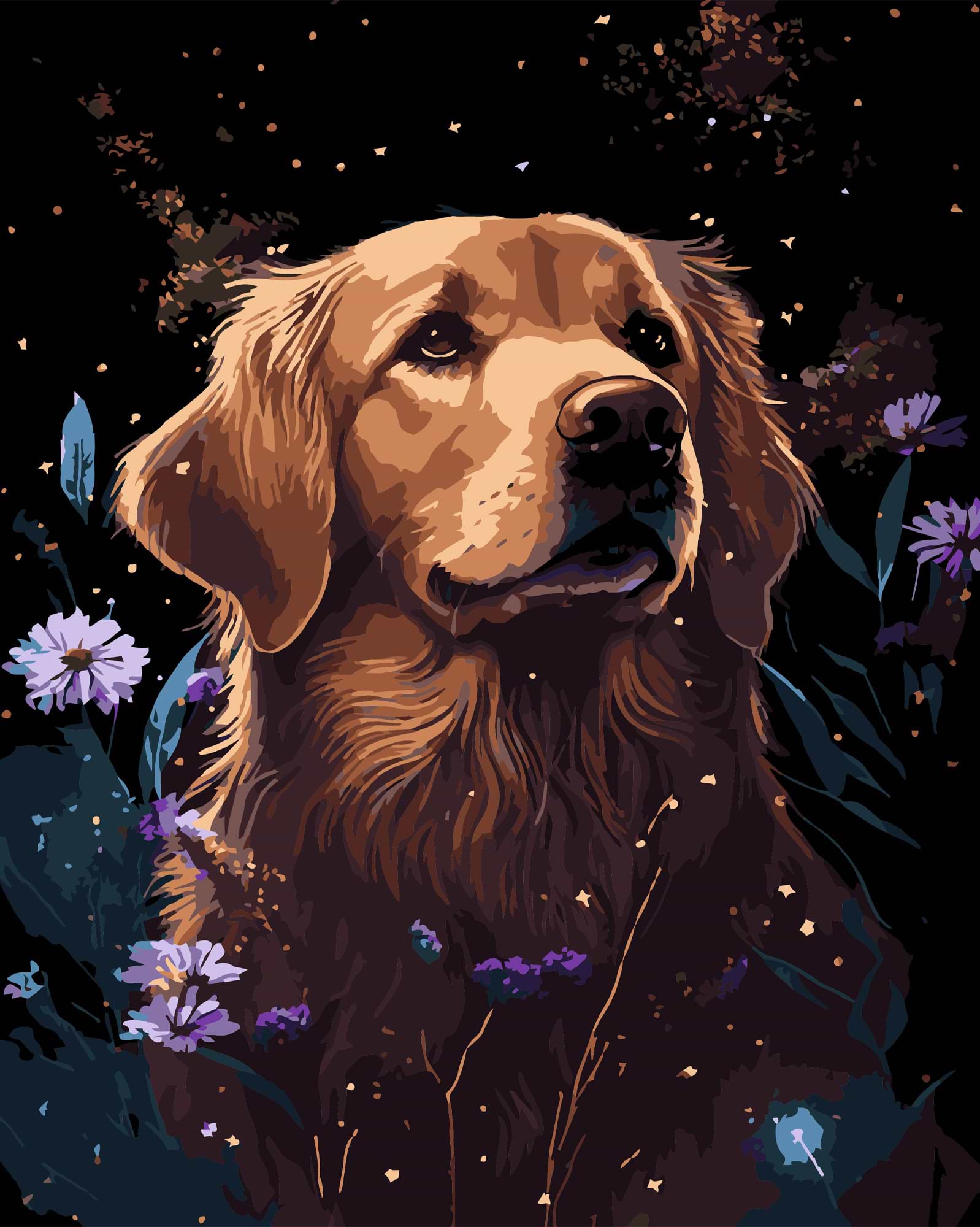 Картина за номерами Strateg Ретривер у квітах на чорному фоні 40х50 см (AH1207-17)