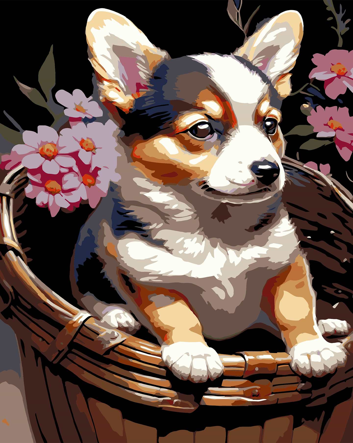 Картина по номерам Strateg Щенок в корзине на черном фоне 40х50 см (AH1220-19)