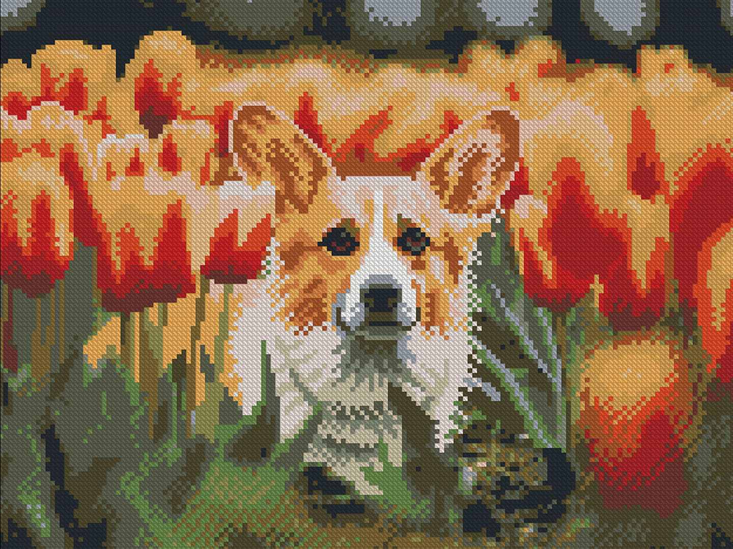 Алмазний живопис Strateg Коргі в тюльпанах 30х40 (FZ3040-31)