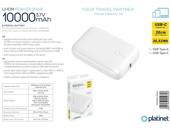 Фото - Батарея мобильная Platinet 10000 mAh 20W PD/22,5 QC/ LI-ION EV-BATTERY 1400 Cycles White (PMPB10DL104W)