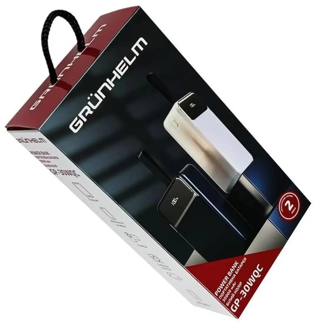 Фото - Батарея мобільна Grunhelm 30.000 mAh White швидка зарядка 22.5W (GP-30WQC)