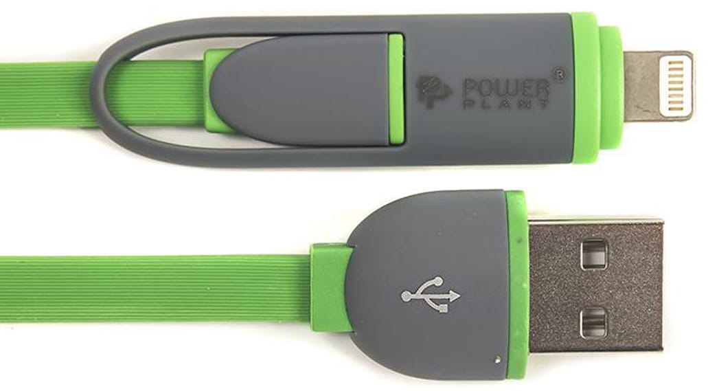 Кабель синхронізації даних PowerPlant Quick Charge Flat USB 2.0 AM - Lightning/Micro 2m Green (CA910502)