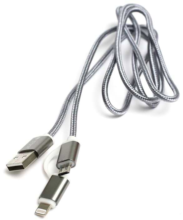 Кабель синхронізації даних PowerPlant USB 2.0-MicroUSB-Lightning 1m Grey (KD00AS1289)