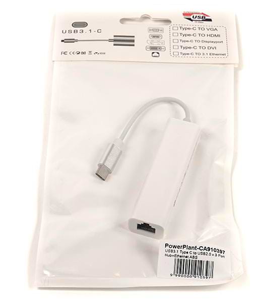 Фото - Уцінка - Перехідник PowerPlant USB 3.1 Type-C - 3 порта USB 2.0 + Ethernet (CA910397) #
