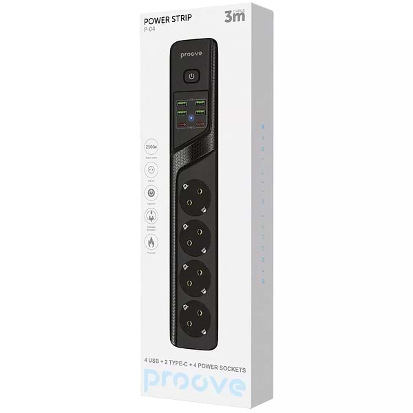Фото - Мережевий фільтр Proove Power Strip P-04 4 sockets+4 USB+2 Type-C 3 м Black (PSP442430001)