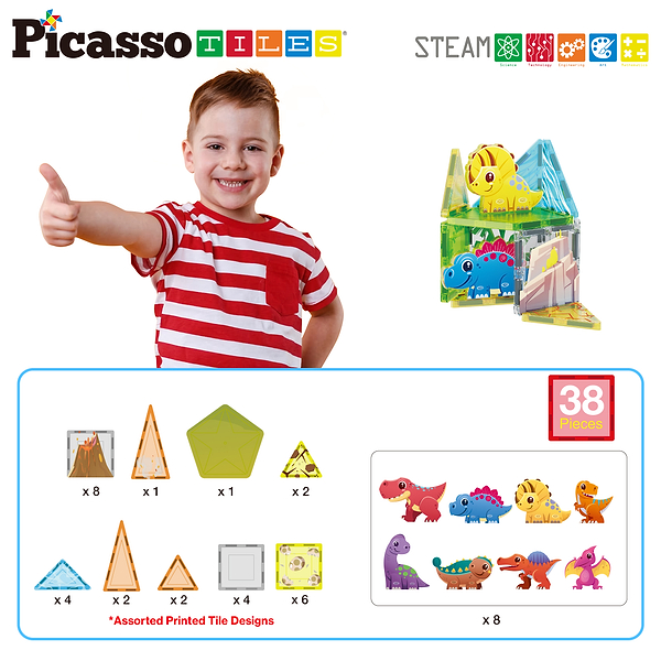 Фото - Пластиковий конструктор Picasso Tiles DINOSAUR SET з 8 фігурками динозаврів на 38 дет. (817338028848)