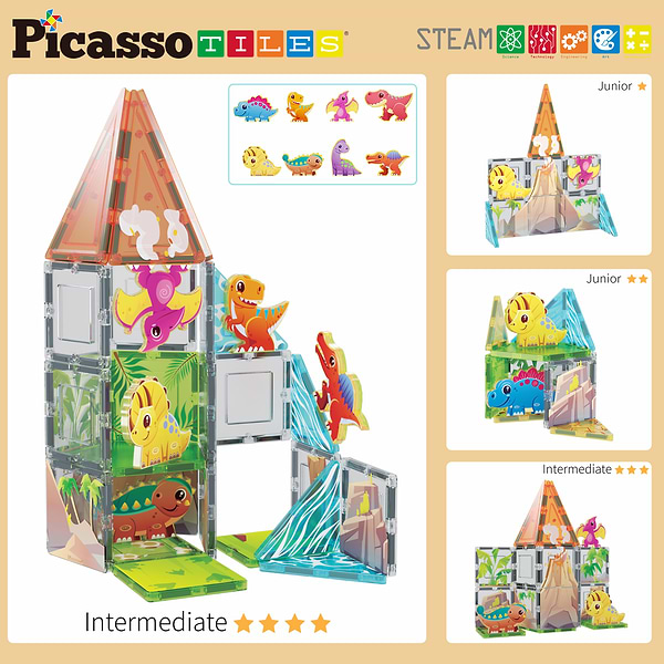 Фото - Пластиковий конструктор Picasso Tiles DINOSAUR SET з 8 фігурками динозаврів на 38 дет. (817338028848)