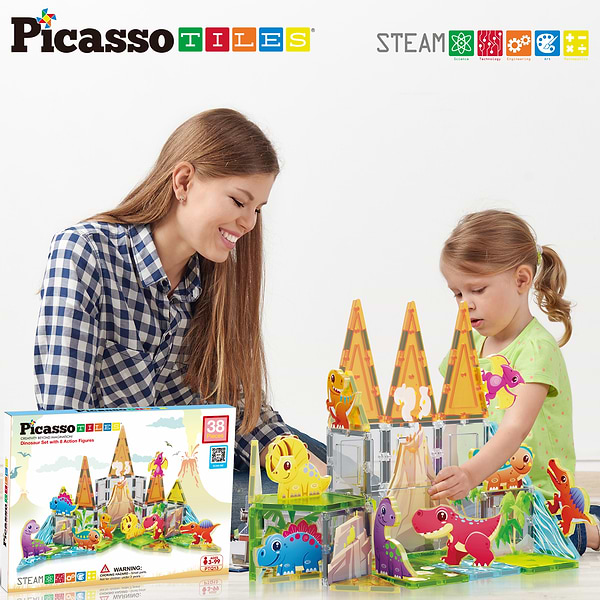 Фото - Пластиковий конструктор Picasso Tiles DINOSAUR SET з 8 фігурками динозаврів на 38 дет. (817338028848)