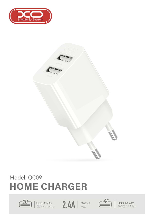 Фото - Сетевое зарядное устройство XO Dual USB-A 2.4A Charger (XO-QC09)