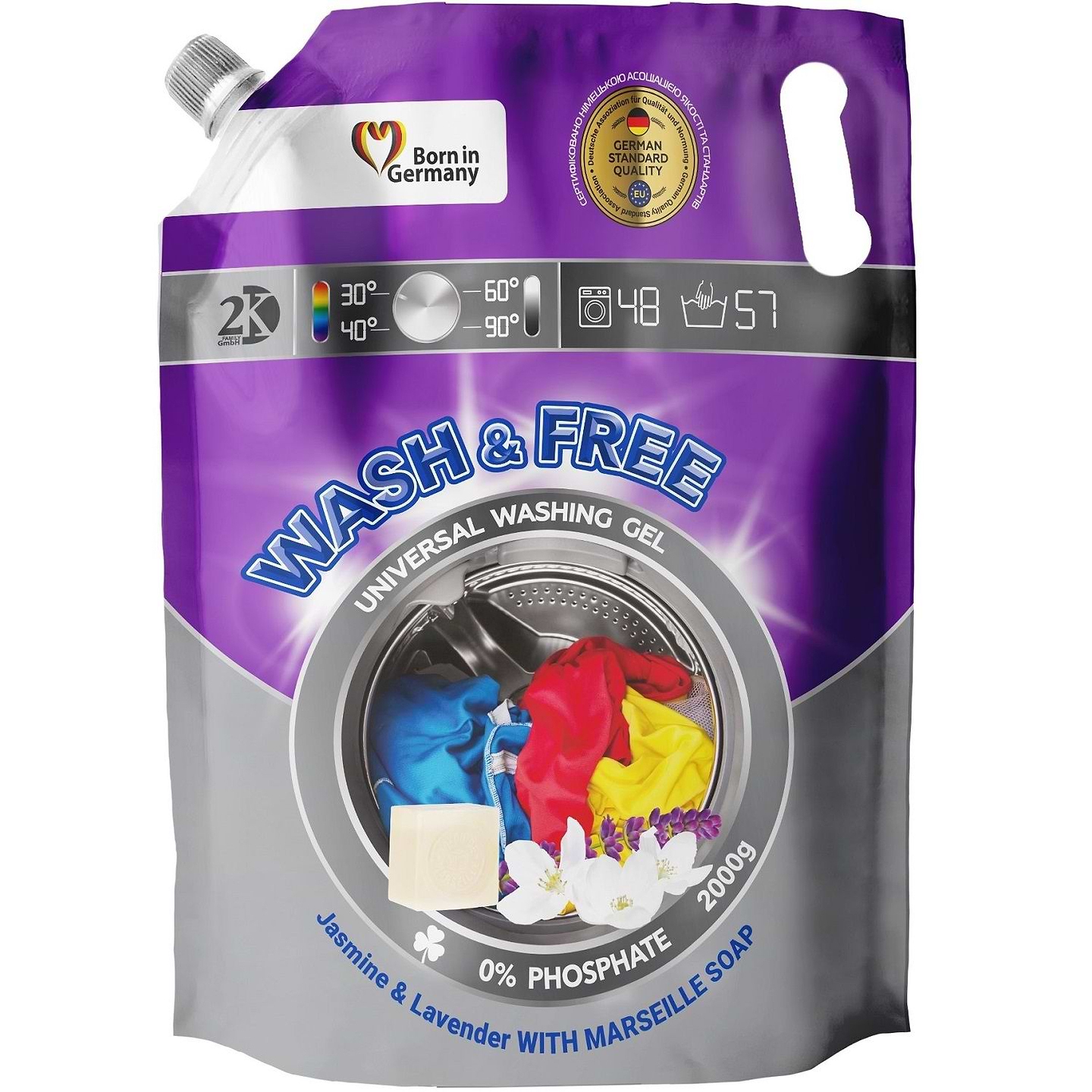 Гель для прання WASH & FREE Універсальний жасмин та лаванда з марсельським милом (DOYPACK) 2000г - Фото 1