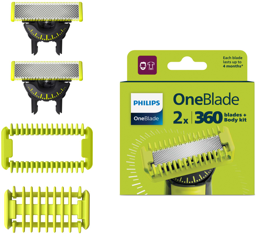 Сменные лезвия для тримера Philips OneBlade 360 QP624/50 (2 шт) с насадками для тела
