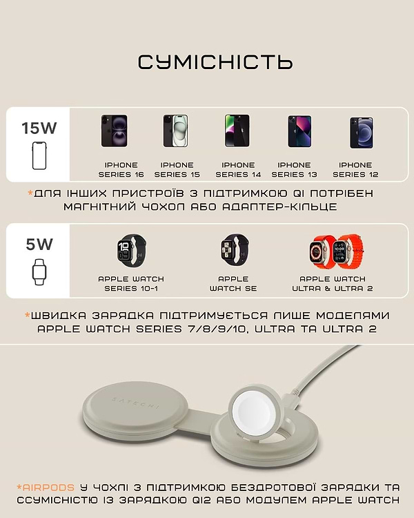 Фото - Бездротовий зарядний пристрій Satechi OntheGo 2-in-1 Wireless Charger Sand (ST-QTG21W)