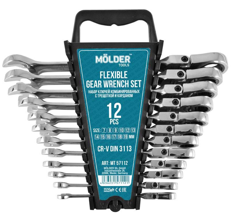 Набор комбинированных ключей Molder с трещоткой и карданом CR-V 12 шт. (MT57112)
