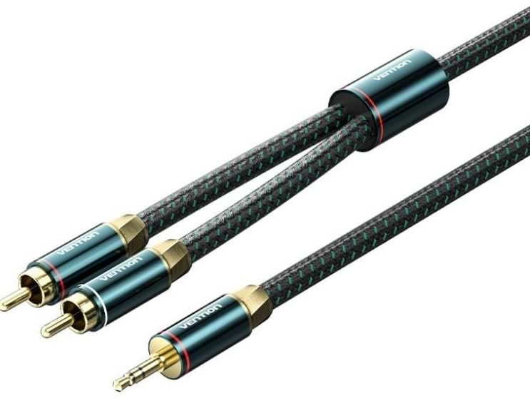 Кабель 3.5 мм - RCA Vention AUX Audio HiFi TRS 3.5мм - RCAx2 M/M 1.5м, OFC Silver, Cotton braided, green (BCSGG)