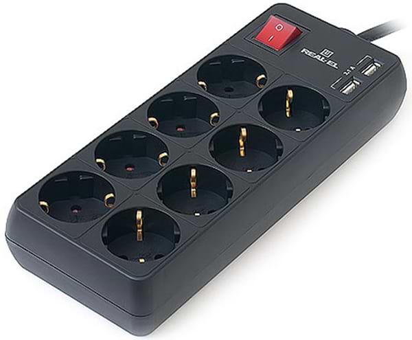 Фото - Мережевий фільтр REAL-EL RS-8 Protect USB 3.0m Black