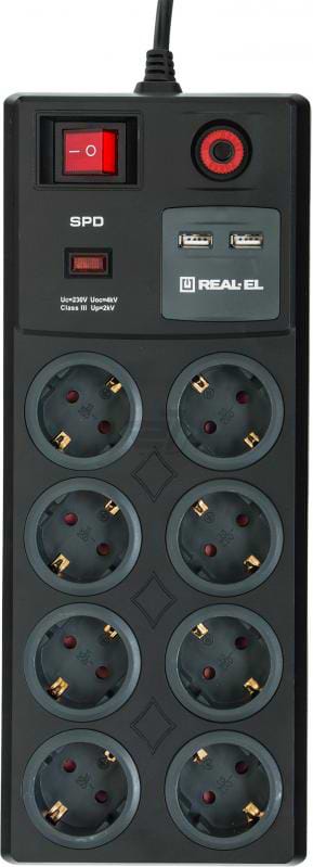 Фото - Мережевий фільтр REAL-EL RS-8F CHARGE (8 роз, 2 USB, 3 м) 16А