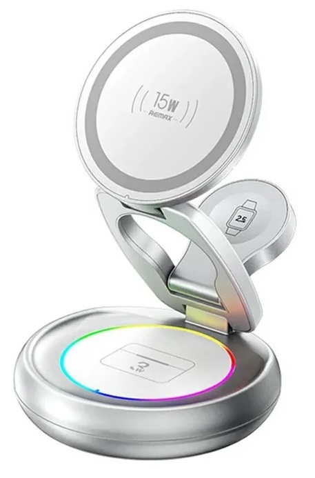 Бездротовий зарядний пристрій Remax 20.5W Upgrade free metal foldable rotatable magnetic 3 in 1 wireless charger CW05 Sliver (6954851260271)