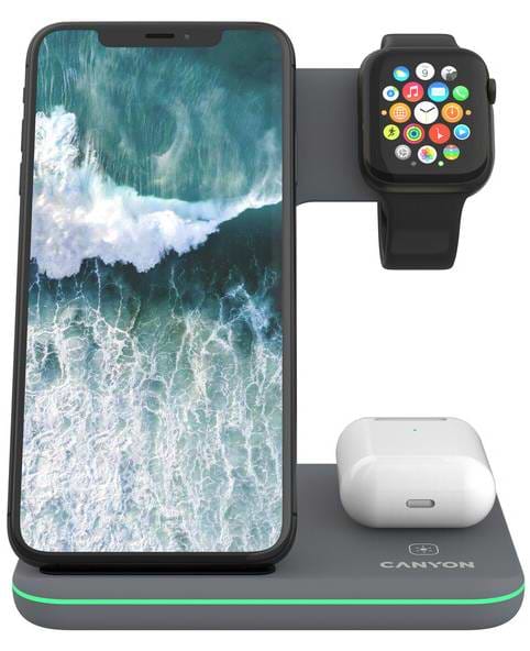 Беспроводное зарядное устройство Canyon WS-303 3 в 1 QI Dark Grey (CNS-WCS303DG) - Фото 1