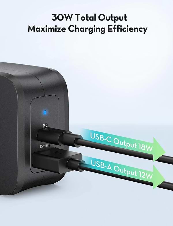 Фото - Мережевий зарядний пристрій RavPower Charger 30W PD USB-C+USB-A Black (RP-PC132)