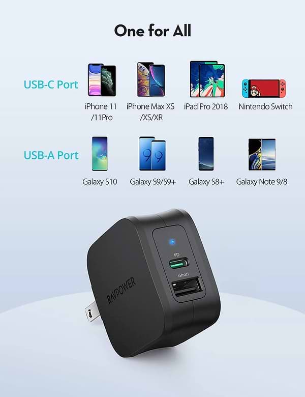 Фото - Мережевий зарядний пристрій RavPower Charger 30W PD USB-C+USB-A Black (RP-PC132)