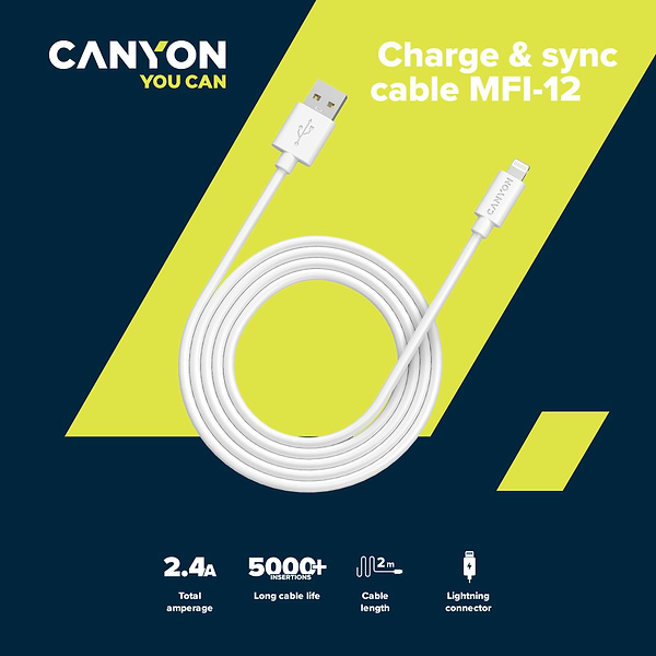 Фото - Кабель синхронизации данных Canyon Lightning USB Cable for Apple 2 м (CNS-MFIC12W)