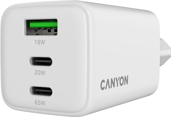 Фото - Мережевий зарядний пристрій Canyon CU65ACC GaN 65W 2xPD 1xQC White (CNS-CUW65ACC)