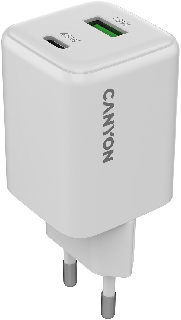 Фото - Мережевий зарядний пристрій Canyon CU45AC GaN 45W 1xPD 1xQC White (CNS-CUW45AC)