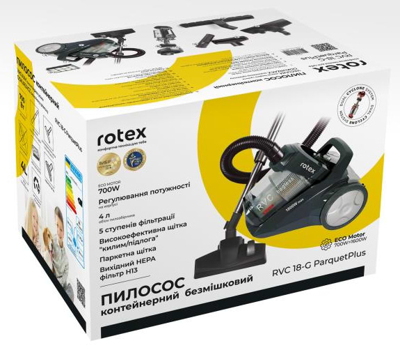 Фото - Уценка - Пылесос для сухой уборки без мешка Rotex RVC18-G ParquetPlus