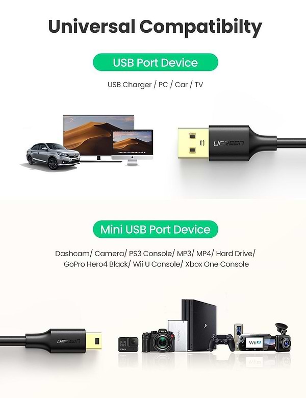 Фото - Кабель USB - miniUSB UGREEN US132 USB-А 2.0 Male to Mini USB 5pin Male Cable 2m Black (30472)