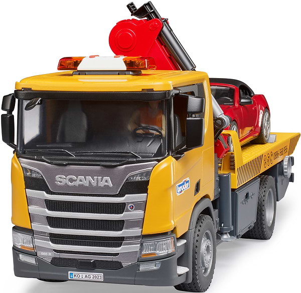 Фото - Наземна спецтехніка BRUDER Евакуатор Scania Super 560R з краном-маніпулятором та автомобіль Roadster Bruder (03552)