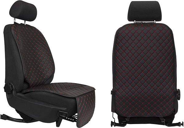 Фото - Комплект накидок под детское автокресло и на спинку переднего сиденья автомобиля EVAtech ECO черная с красной нитью, черный кант SCKIDBRB