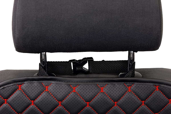 Фото - Комплект накидок под детское автокресло и на спинку переднего сиденья автомобиля EVAtech ECO черная с красной нитью, черный кант SCKIDBRB