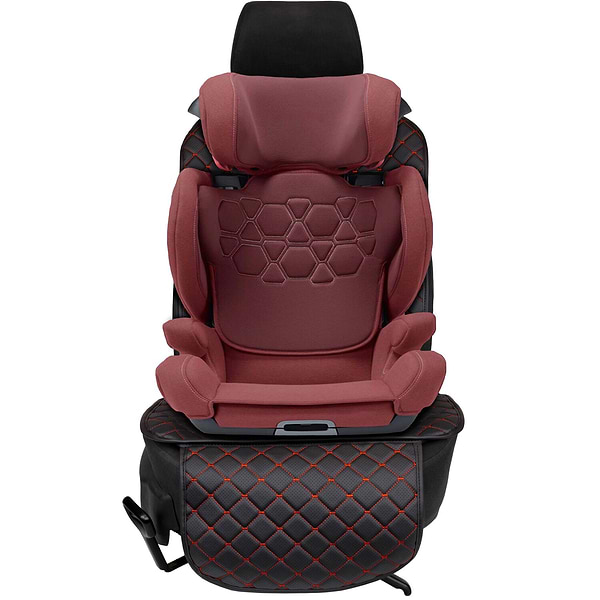 Фото - Комплект накидок под детское автокресло и на спинку переднего сиденья автомобиля EVAtech ECO черная с красной нитью, черный кант SCKIDBRB