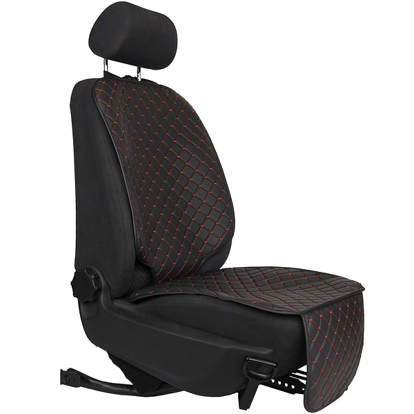 Фото - Комплект накидок под детское автокресло и на спинку переднего сиденья автомобиля EVAtech ECO черная с красной нитью, черный кант SCKIDBRB