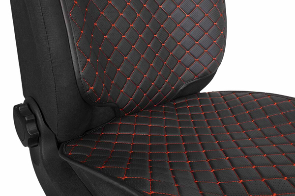 Фото - Комплект накидок под детское автокресло и на спинку переднего сиденья автомобиля EVAtech ECO черная с красной нитью, черный кант SCKIDBRB