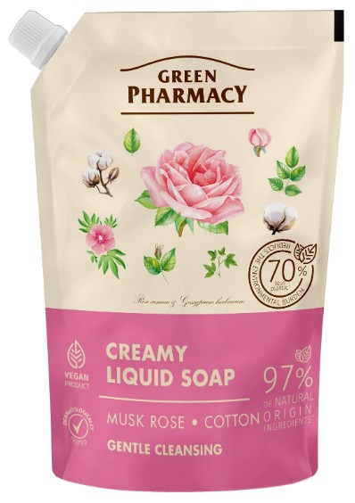 Рідке мило для рук Green Pharmacy 460 мл дой-пак мускатна троянда та бавовна EN (4823015935404)