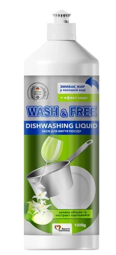 Засіб для ручного миття посуду WASH & FREE Зелене яблуко та екстракт едельвейса 1000г - Фото 1
