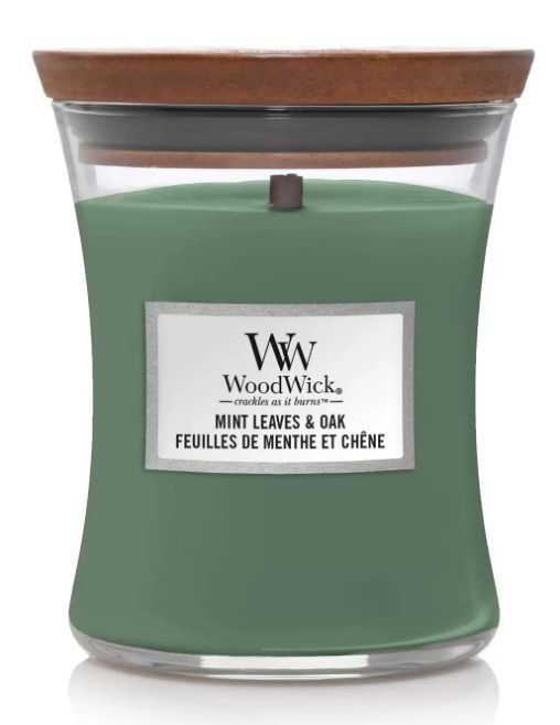 Свеча стекло Woodwick Medium Mint Leaves & Oak (Листья Мяты и Дуб) 275г (1721697E) - Фото 1