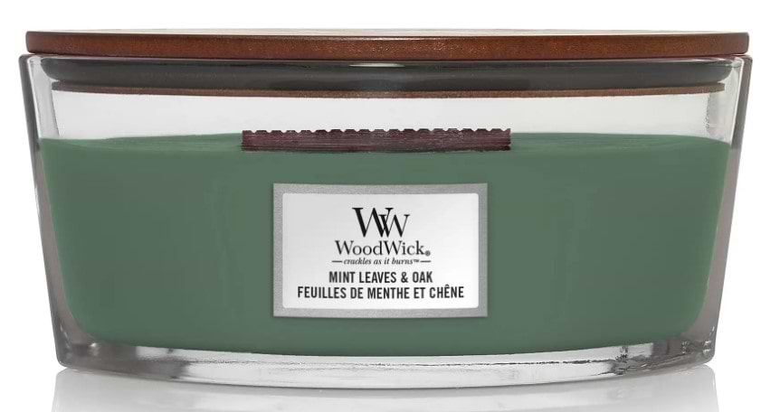 Свеча стекло Woodwick Ellipse Mint Leaves & Oak (Листья Мяты и Дуб) 453г (1721696E) - Фото 1