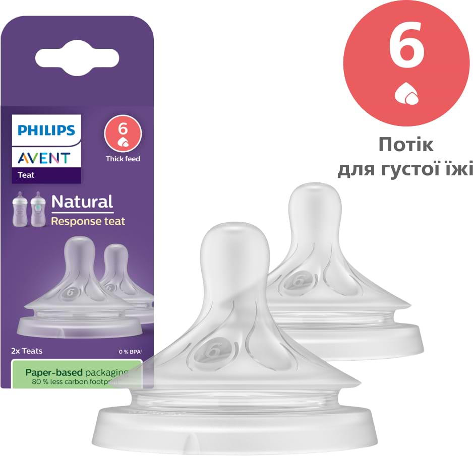 Большой поток соска детская силиконовая Philips AVENT Natural природный поток для густой еды,  6 мес +, 2 шт. (SCY966/02) - Фото 1